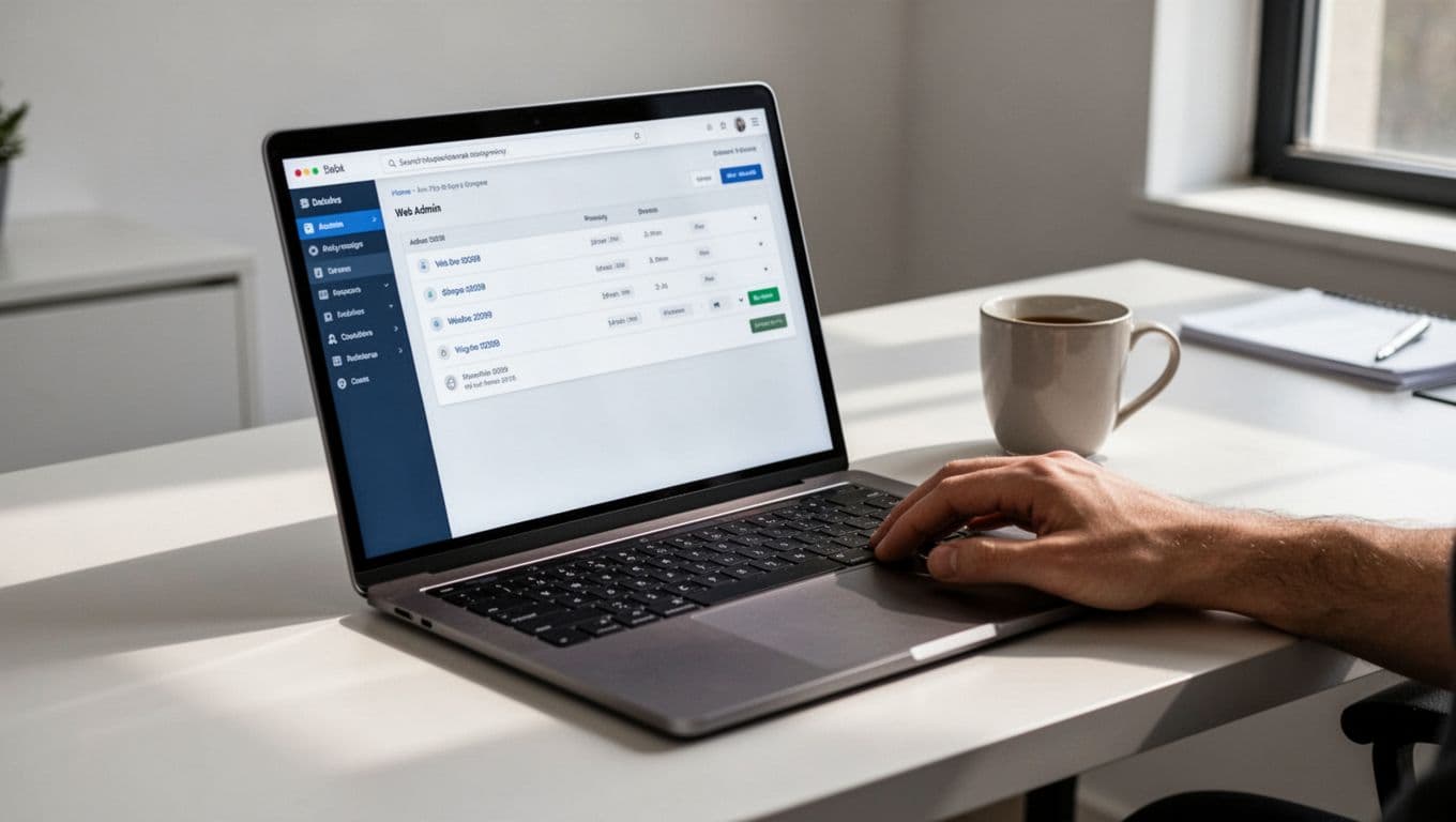 Modern WordPress dashboard with YITH Membership settings on an angled laptop screen in a clean office setup with coffee mug and resting hand, natural daylight, professional style.