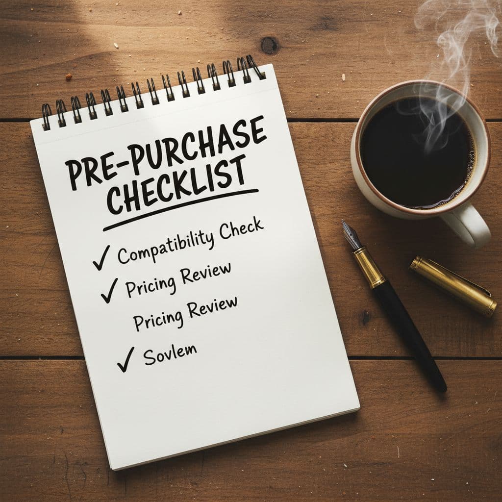 Top-down view of a notepad featuring a marked checklist for buying YITH plugins, including compatibility and pricing checks, on a wooden desk with pen and coffee mug, warm natural light, square composition.