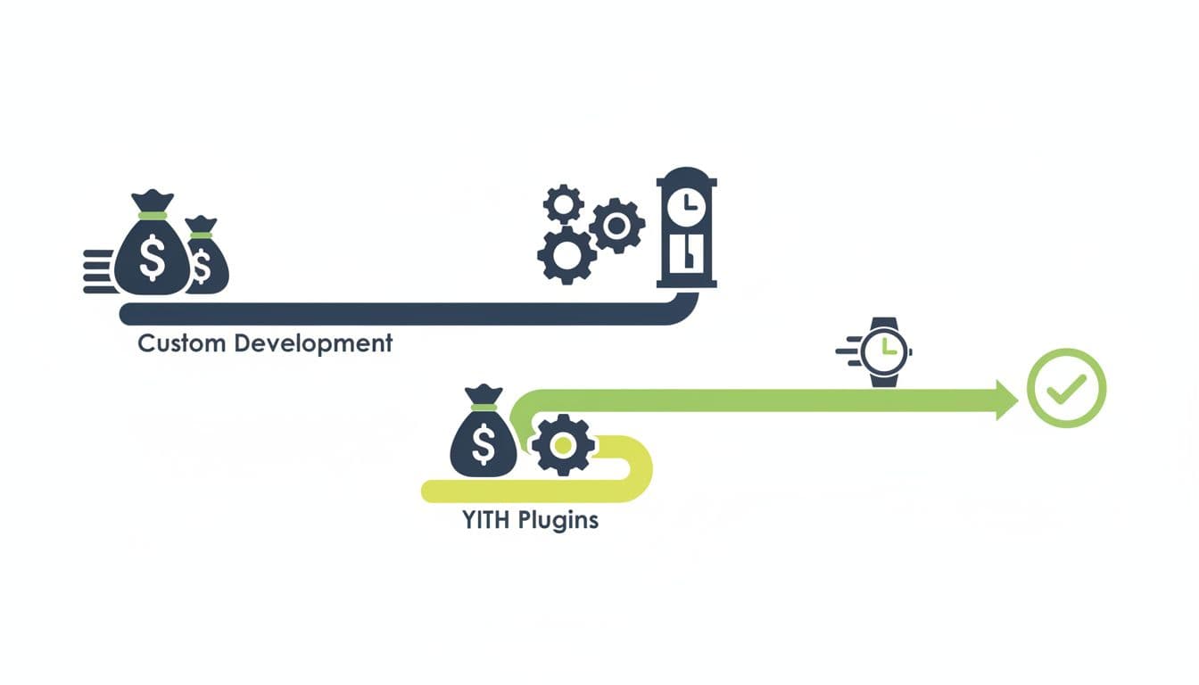 Infographic comparing custom development (high cost, slow) and YITH plugins (low cost, fast) with icons of money bags, gears, and clocks in flat design on white background.