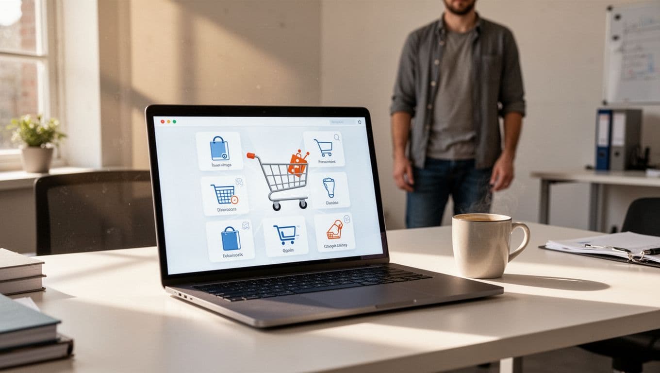 Modern e-commerce dashboard on a laptop screen displaying upsell recommendations and cart with increased items, on a clean office desk with coffee mug and one person in background, natural daylight, realistic style.
