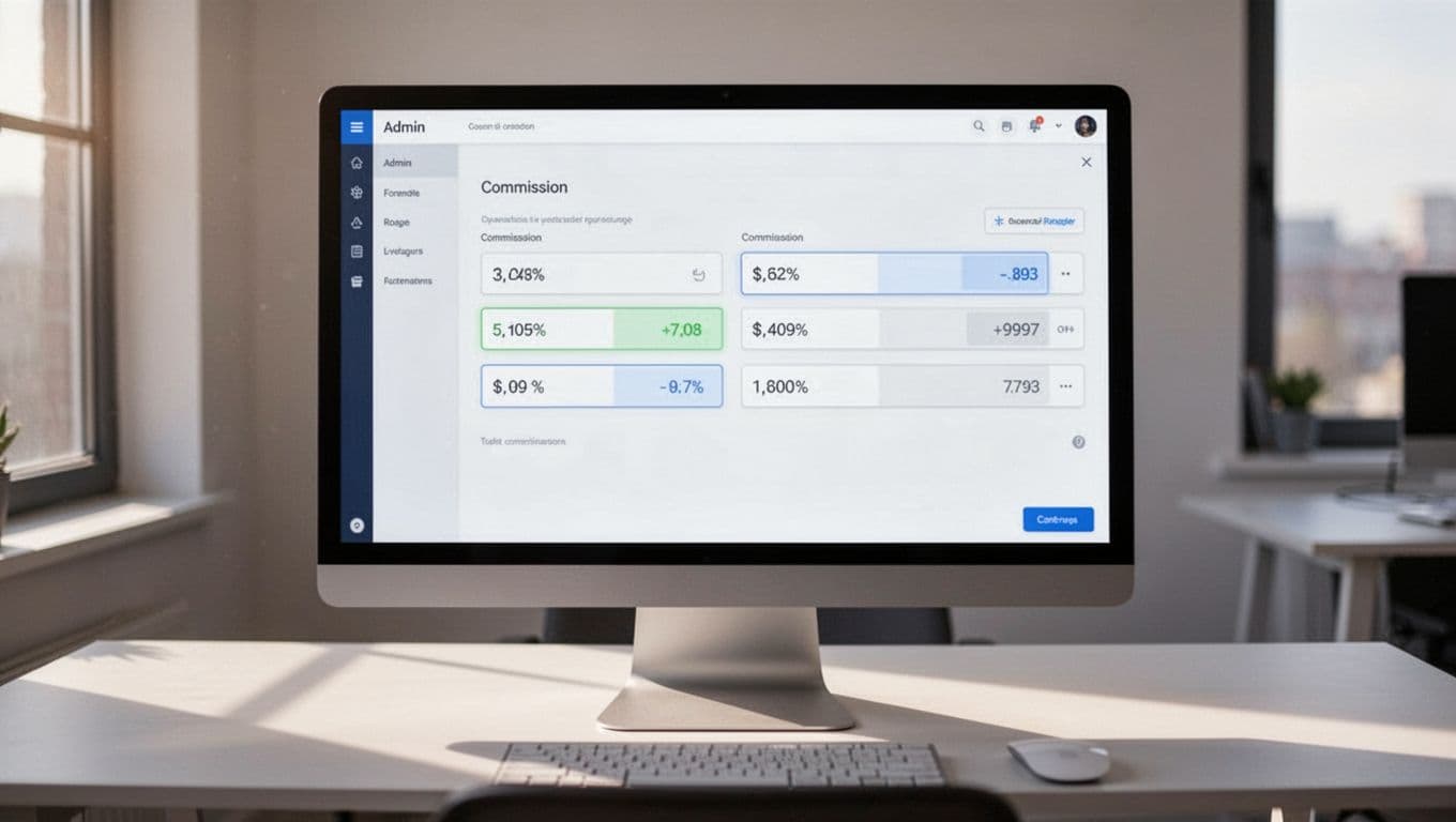 Photorealistic view of a desktop computer in a modern workspace showing the YITH plugin's affiliate commission rules setup screen in WooCommerce admin panel, focusing on percentage fields with soft lighting.