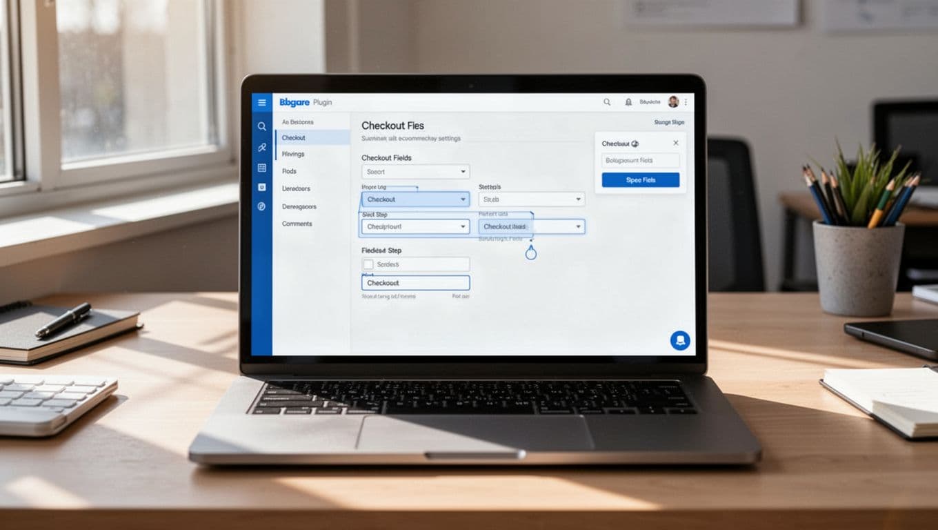 Clean screenshot of YITH WooCommerce Checkout Optimization plugin settings dashboard in WordPress admin, displaying checkout customization options like fields and steps with modern blue-accented interface on a centered laptop in an office.