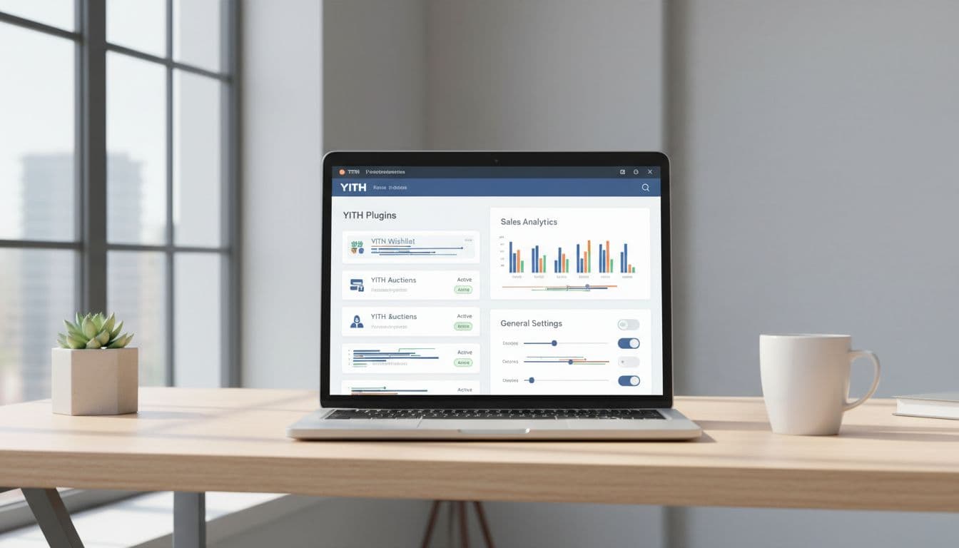 A clean, modern dashboard interface of YITH WooCommerce plugins on a WordPress site, showing active wishlist, auctions, and subscriptions modules with charts and settings panels. Displayed on a centered laptop screen in a bright office desk setting under natural daylight lighting.
