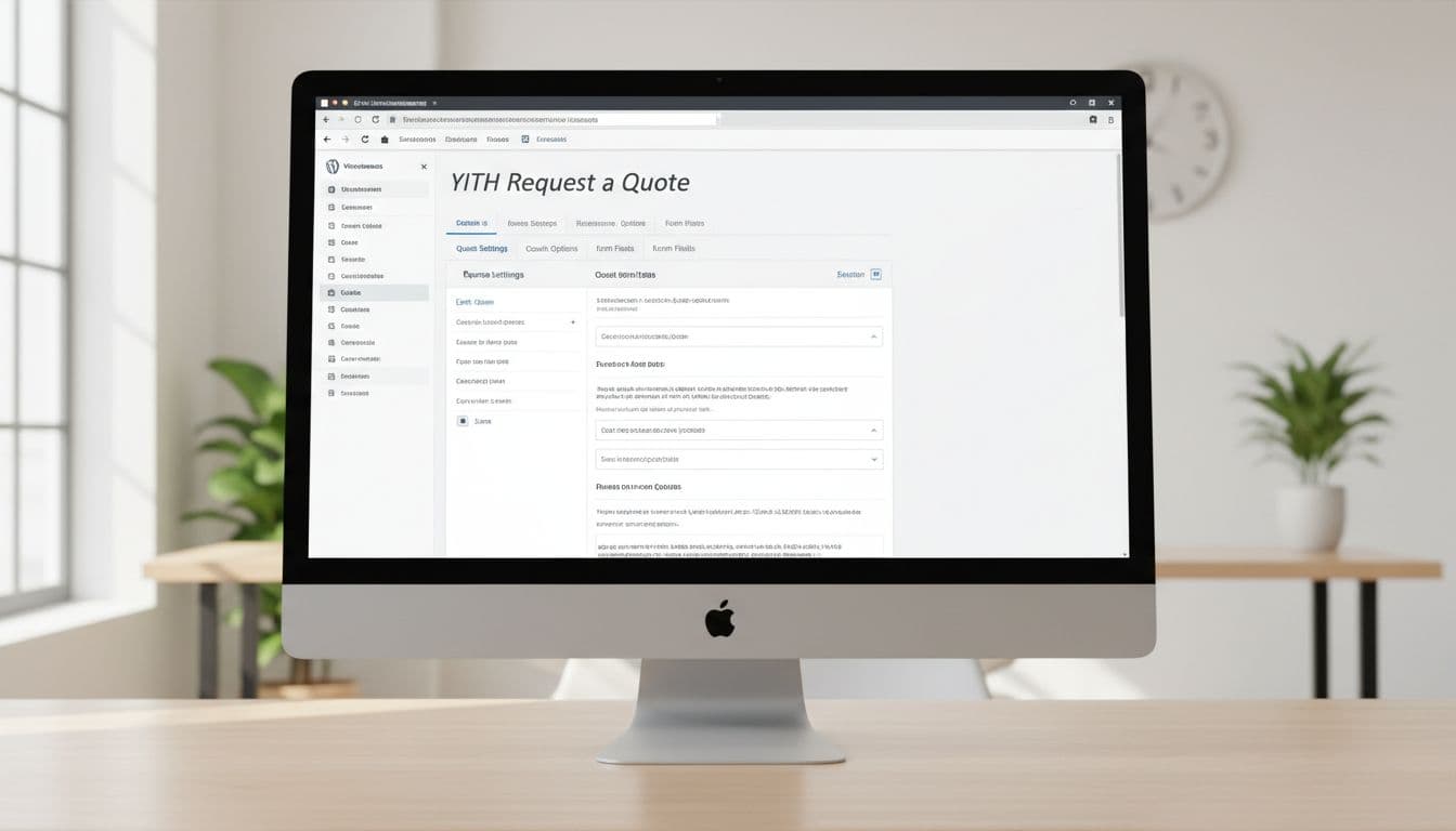 WordPress WooCommerce admin dashboard displaying YITH WooCommerce Request a Quote plugin settings page with tabs for general settings, quote button options, and form fields configuration in a clean professional desktop interface.