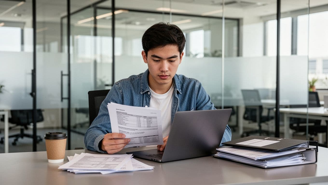 A young entrepreneur focused at a modern office desk, checking tax files and computer screen, with coffee cup and folders nearby under natural light.
