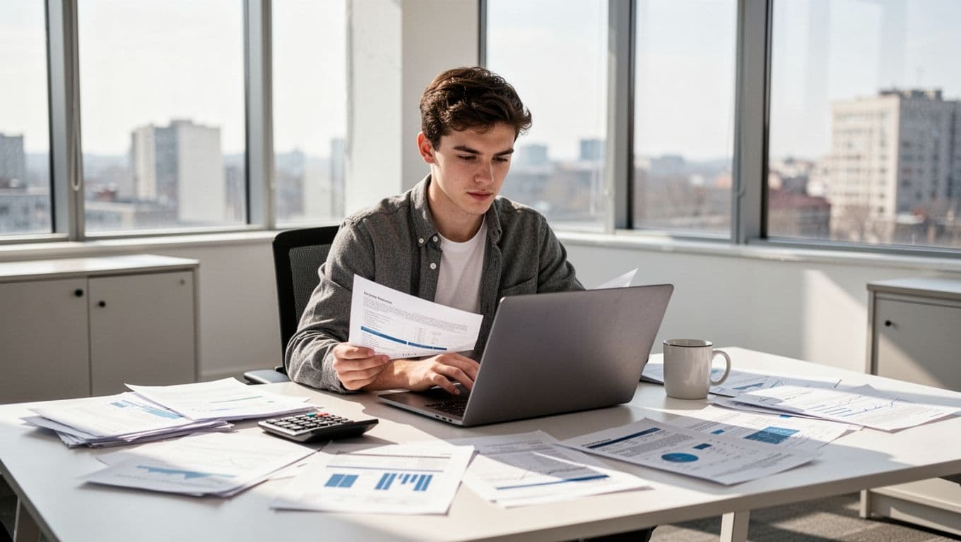 Young entrepreneur at desk views tax declaration forms on computer amid files, calculator, and coffee cup in bright office.