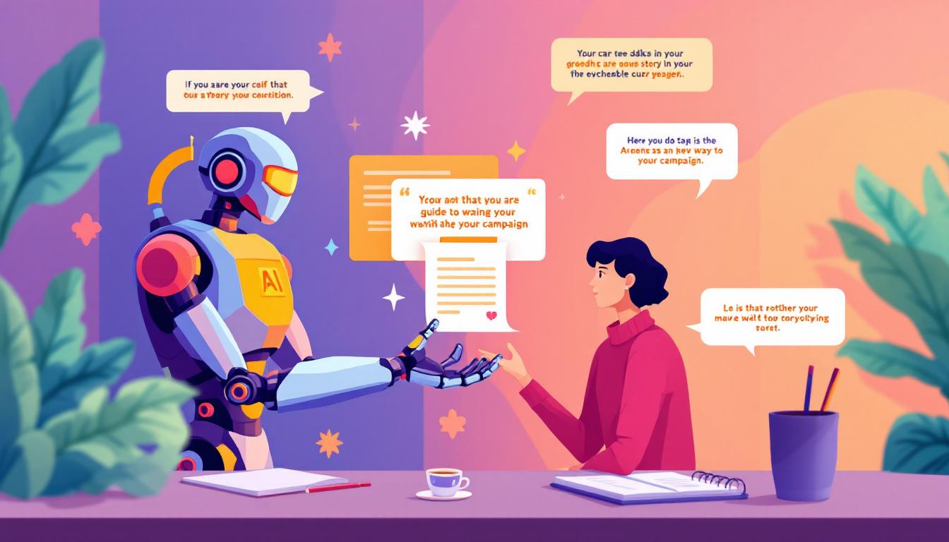 A vivid AI marketing storyboard where a robot hands a story arc to a human storyteller, surrounded by coffee cups and notes, symbolizing the blend of technology and human emotion. Image created with AI.