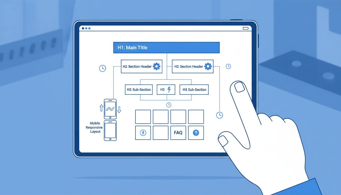 Clean website wireframe diagram illustrating page structure with H1-H4 headings, schema markup icons, fast loading indicators, and mobile responsive layout on a digital tablet held by one hand.