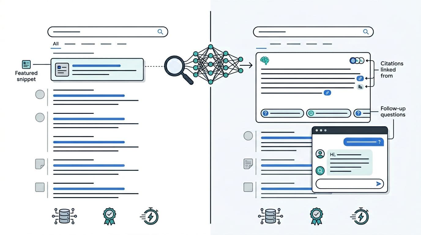 Clean, modern editorial illustration in landscape format depicting the split-screen evolution of search results from traditional 10-blue-links SERP to AI-driven interfaces with overview panels, citations, and chat features. Includes subtle transitions like magnifying glass to neural network and SEO icons in a restrained tech color palette.