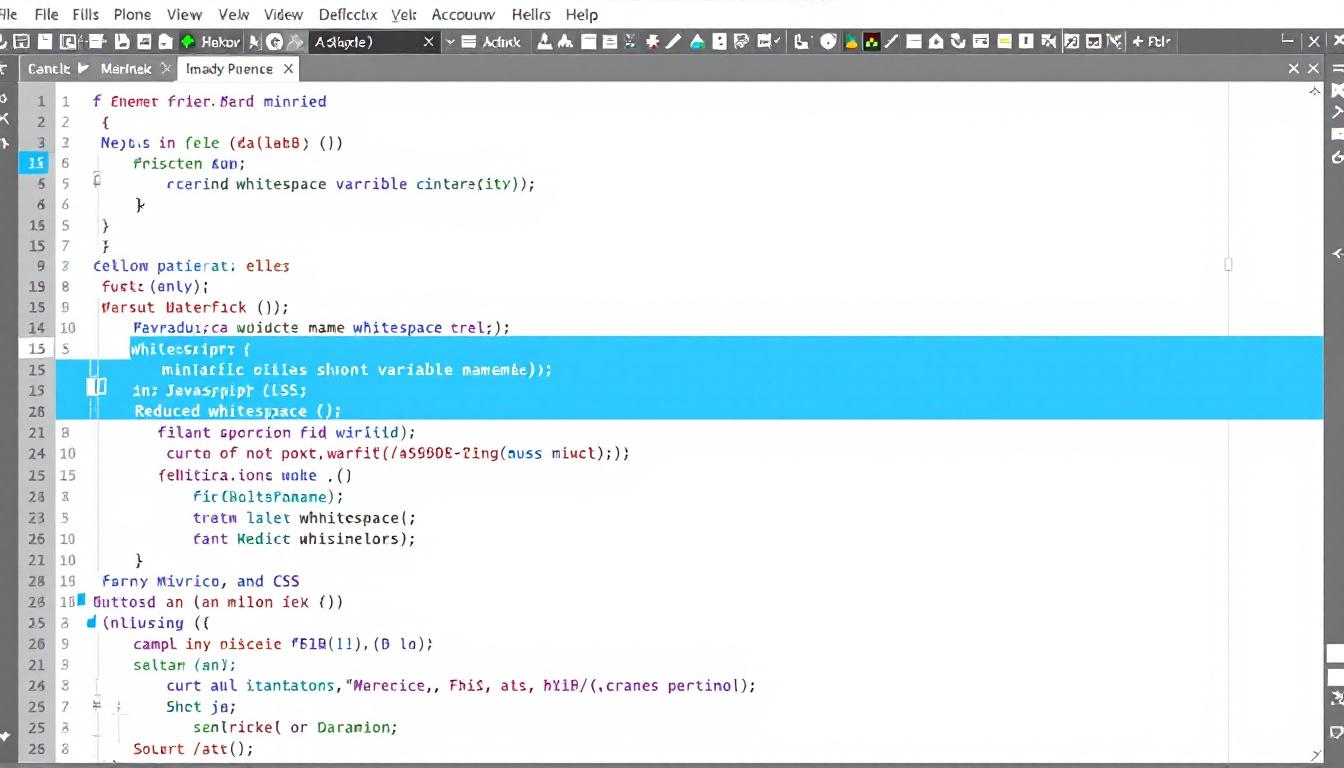Code editor window with minified JavaScript and CSS files showing reduced whitespace and short variable names, representing minification and code optimization. Image created with AI.
