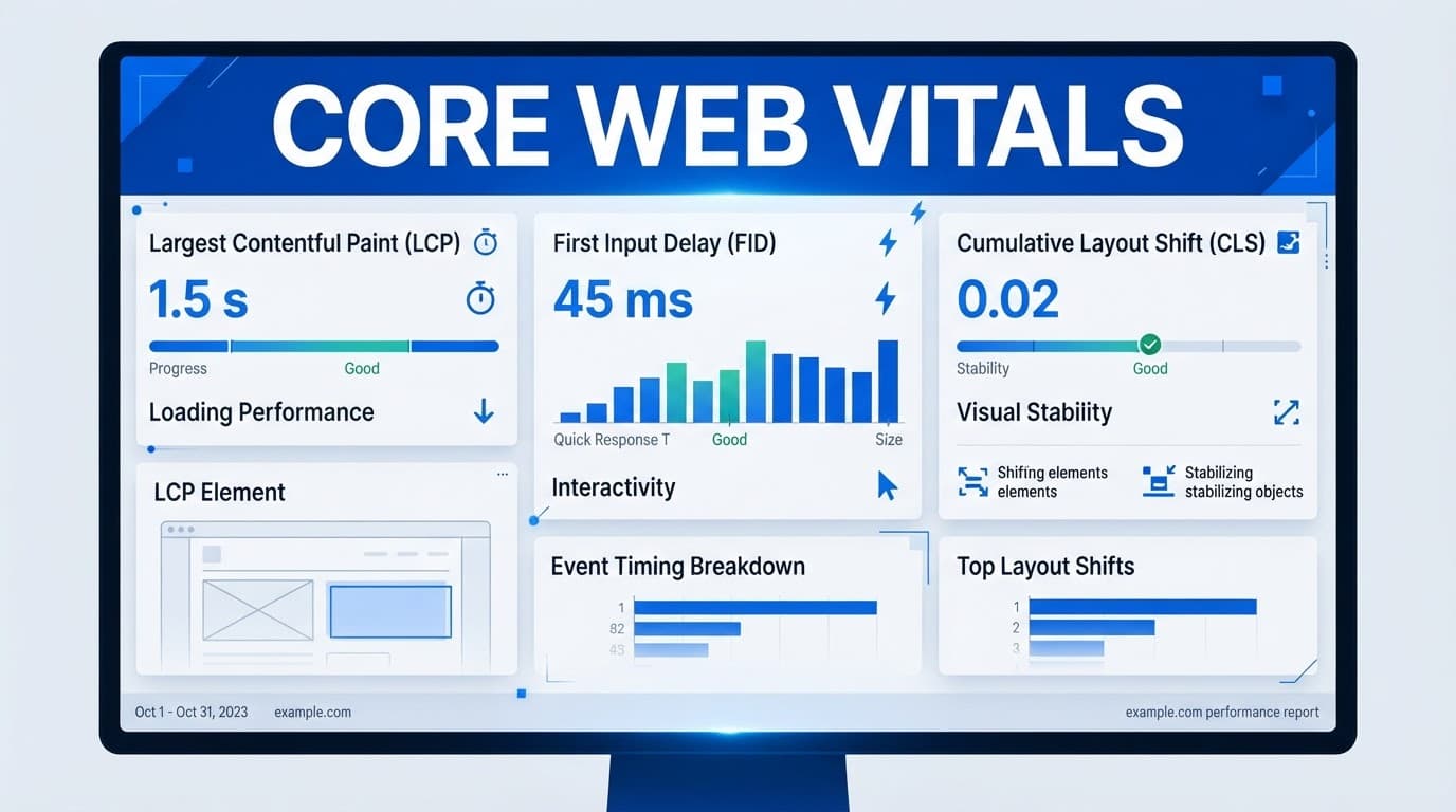 Blue-accented dashboard showing Core Web Vitals website metrics on a wide screen.