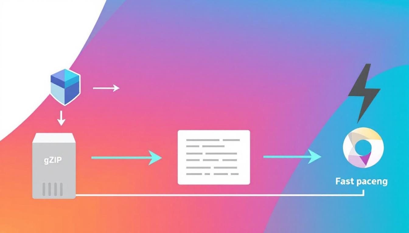 Illustration of a data flow showing gZIP compression and browser caching with arrows from server to browser, speed lines indicating fast page loads. Image created with AI.