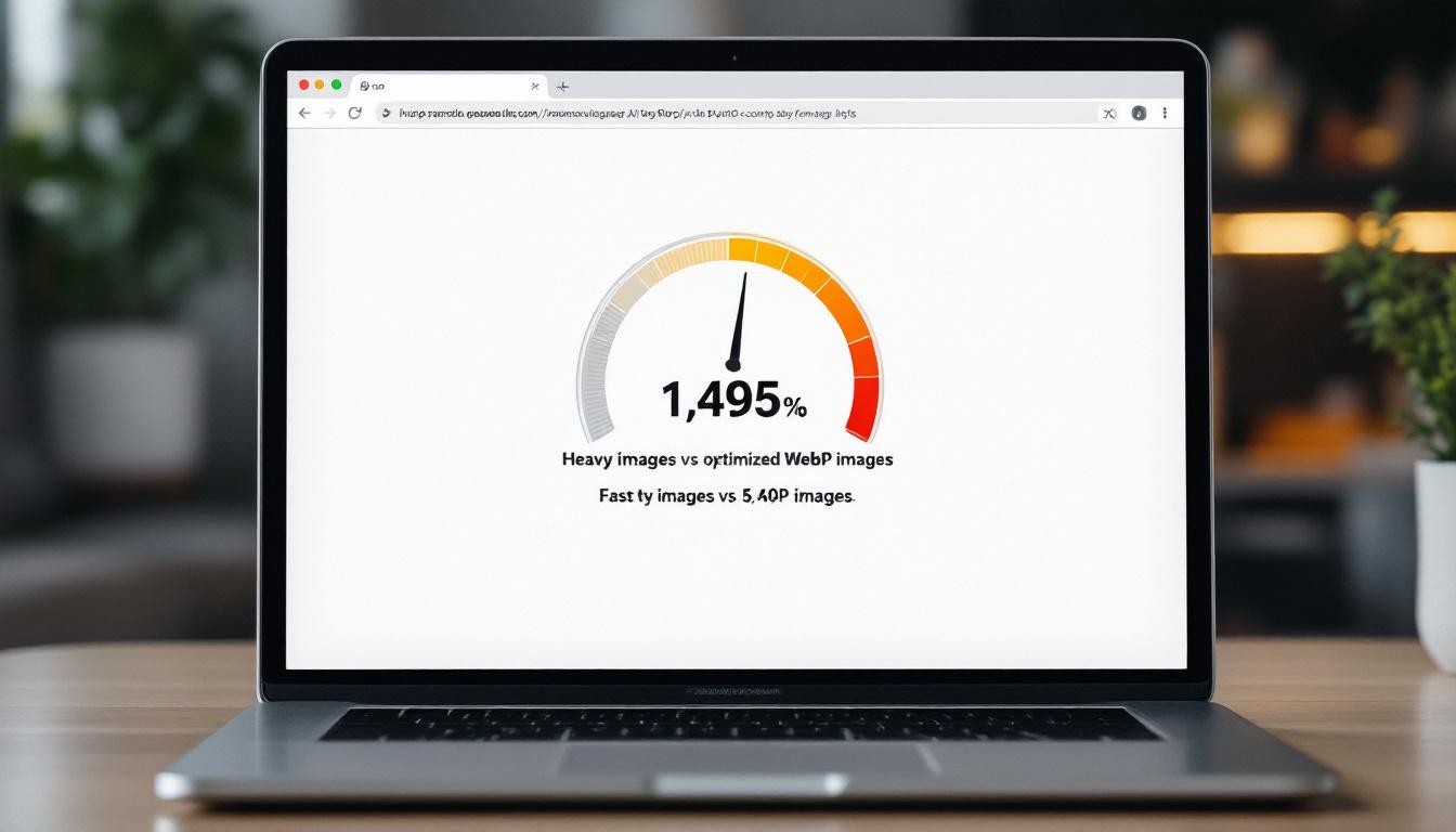 A laptop displaying a landing page with a speedometer overlay showing fast load times. On one side, large unoptimized images appear sluggish while optimized WebP images are crisp. The visual highlights contrast between poor and strong load speed. Image created with AI.