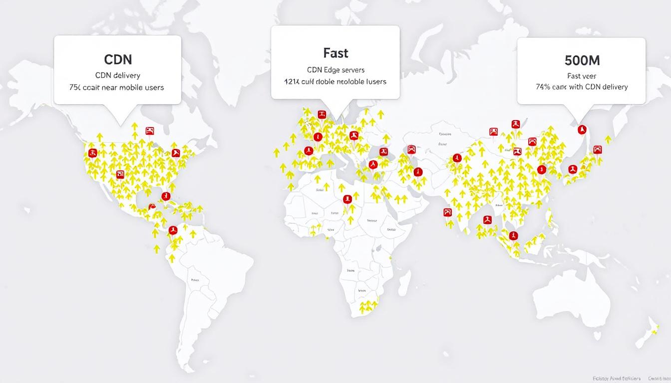 Global map highlighting CDN edge servers near mobile users, with fast arrows and mobile device icons, representing CDN delivery. Image created with AI.