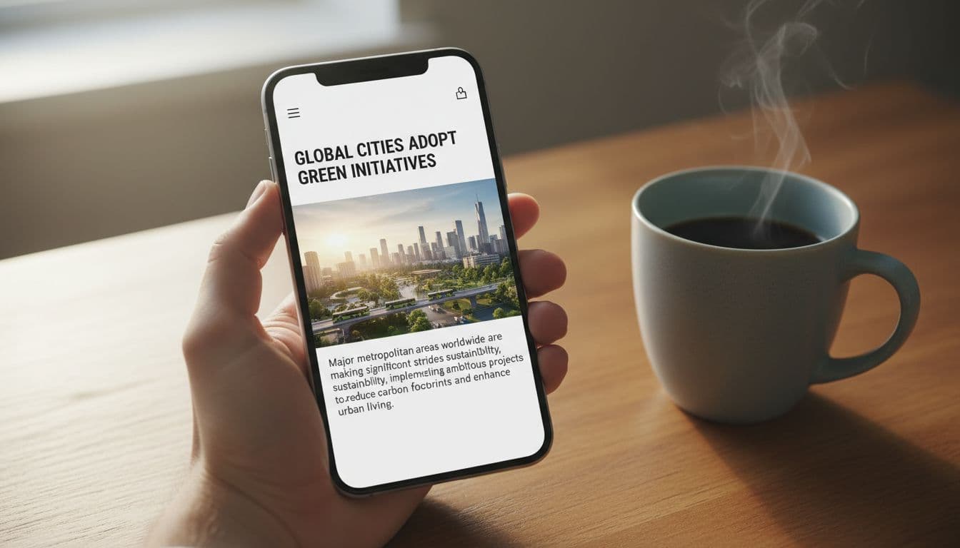 A realistic image of a mobile phone held in a hand, displaying a fast-loading news article page with a clear headline, large hero image of a cityscape, and first paragraph of text. The phone sits on a wooden desk with a coffee mug nearby, under soft natural lighting.