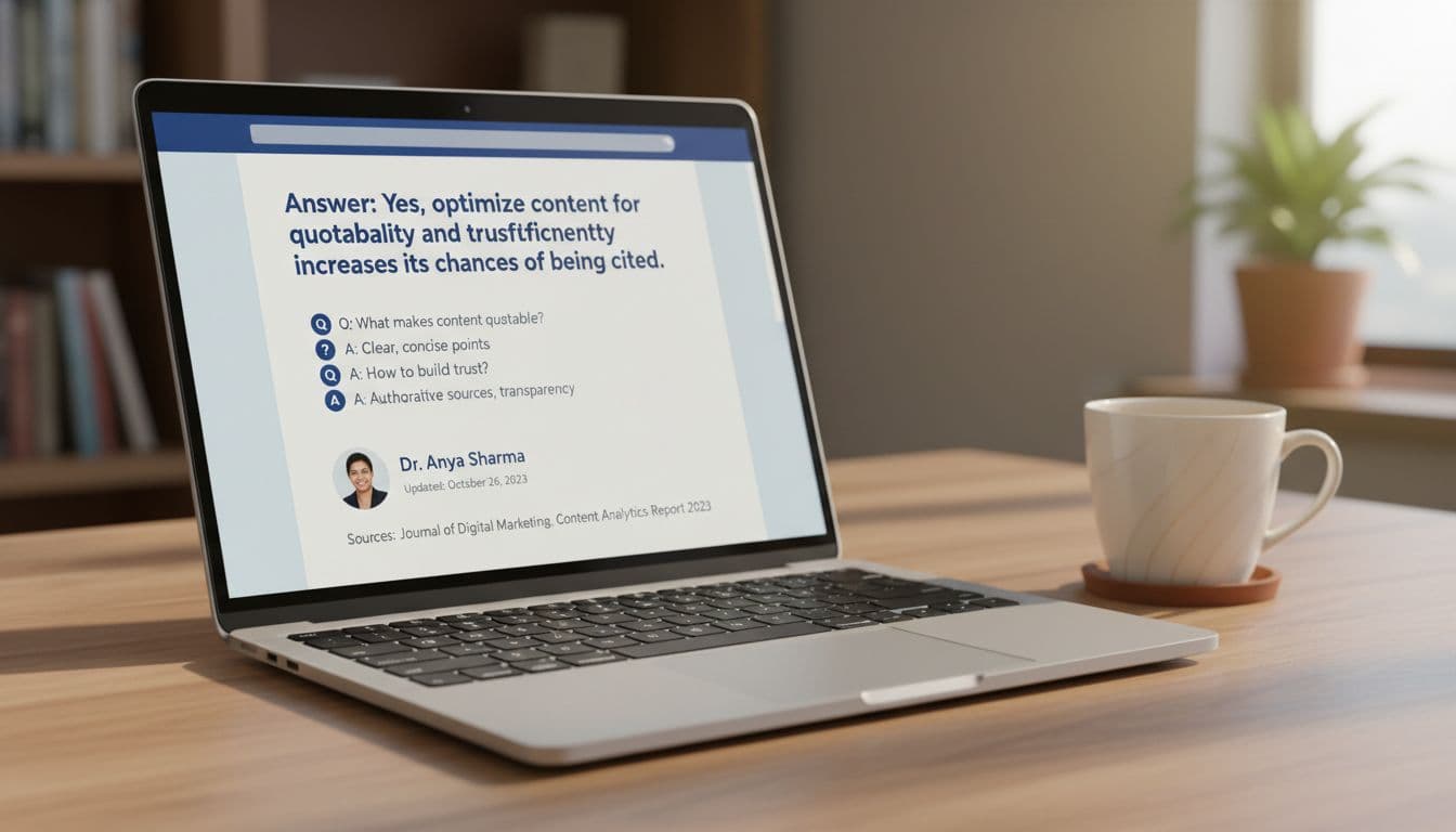 Angled realistic photo of a laptop screen showing a content page mockup with bold answer paragraph, short FAQ list, and trust elements like author bio, update date, and sources in a cozy workspace with coffee mug and warm light.