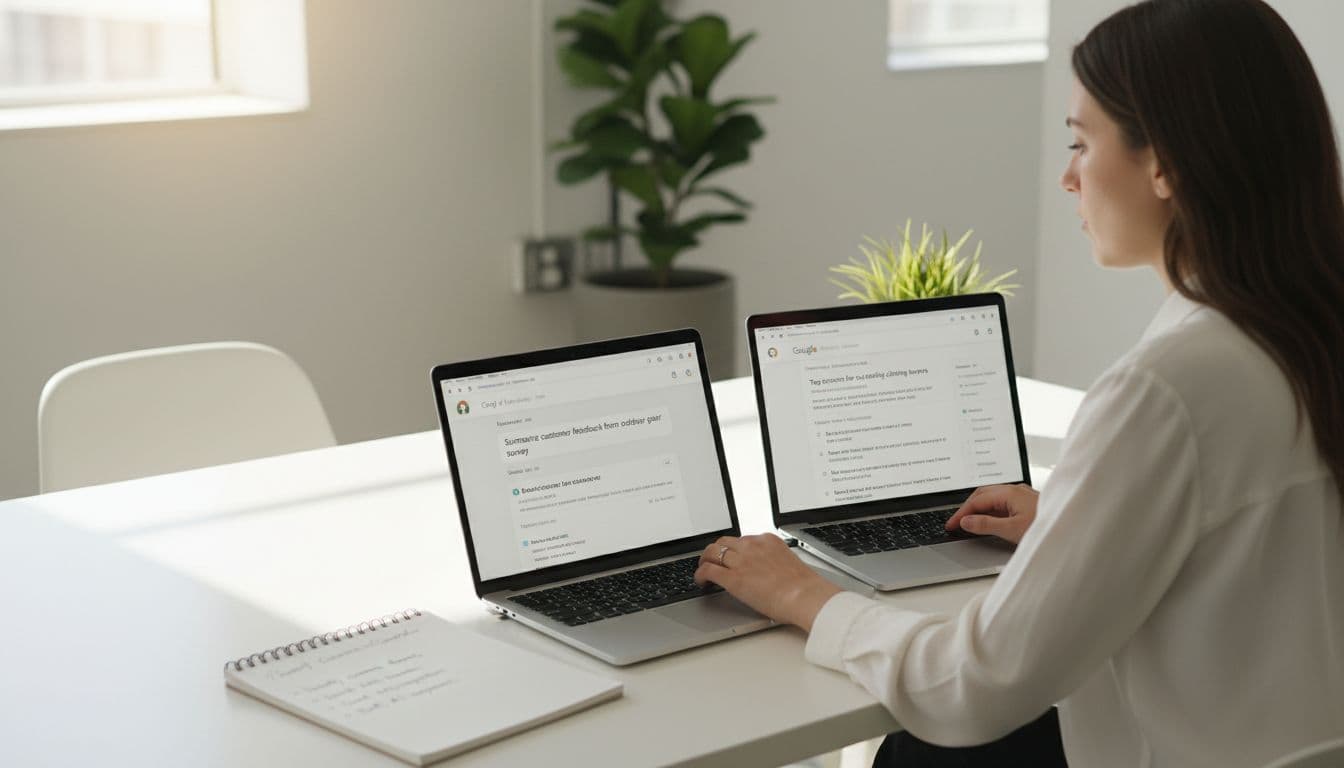 A focused marketer sits at a modern desk in a bright office, typing customer prompts into ChatGPT and Google AI Overviews displayed on two side-by-side laptop screens, with an open notebook and handwritten checklist nearby. The scene features natural daylight, soft lighting, and a clean composition centered on the desk with exactly one person.