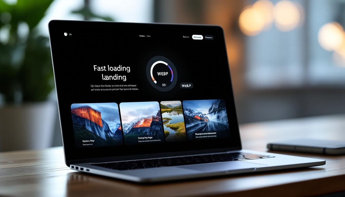 A modern laptop screen showing a fast loading landing page with optimized images in WebP format, a subtle speedometer indicating high performance, and a clean UI. Image created with AI.