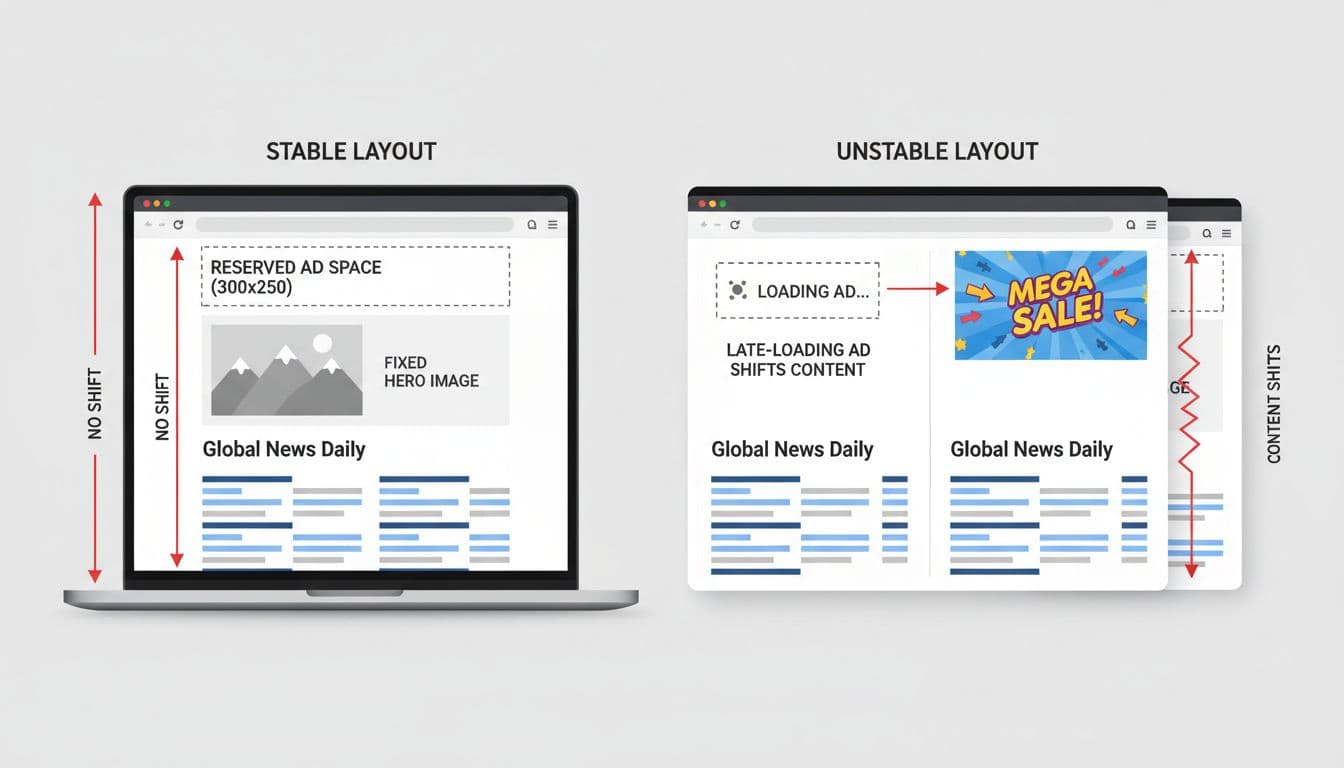Illustration contrasting stable webpage layout with reserved ad space and fixed hero image on the left, versus unstable shifting content from late-loading ads on the right, in a clean vector style within a browser window.
