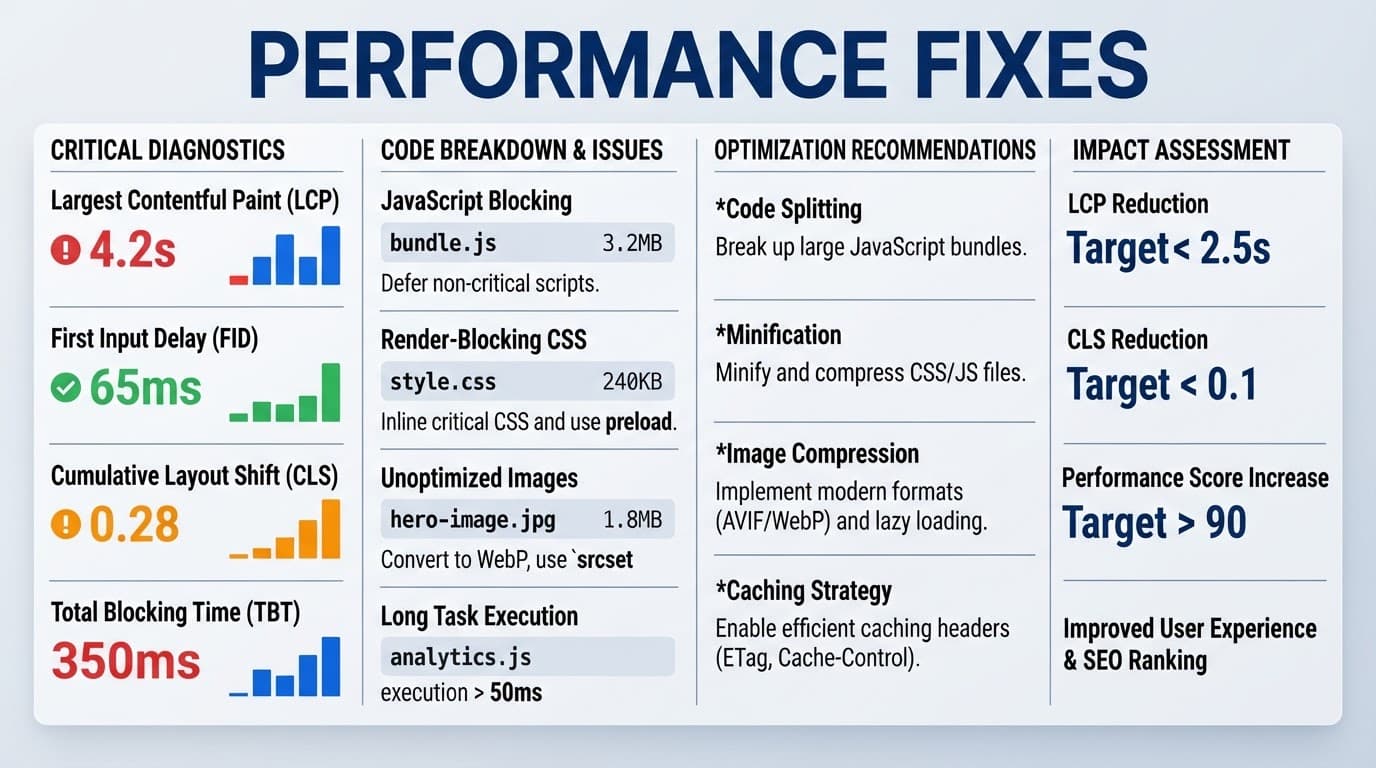 A blue diagnostic dashboard showing website performance metrics and a Performance Fixes banner.