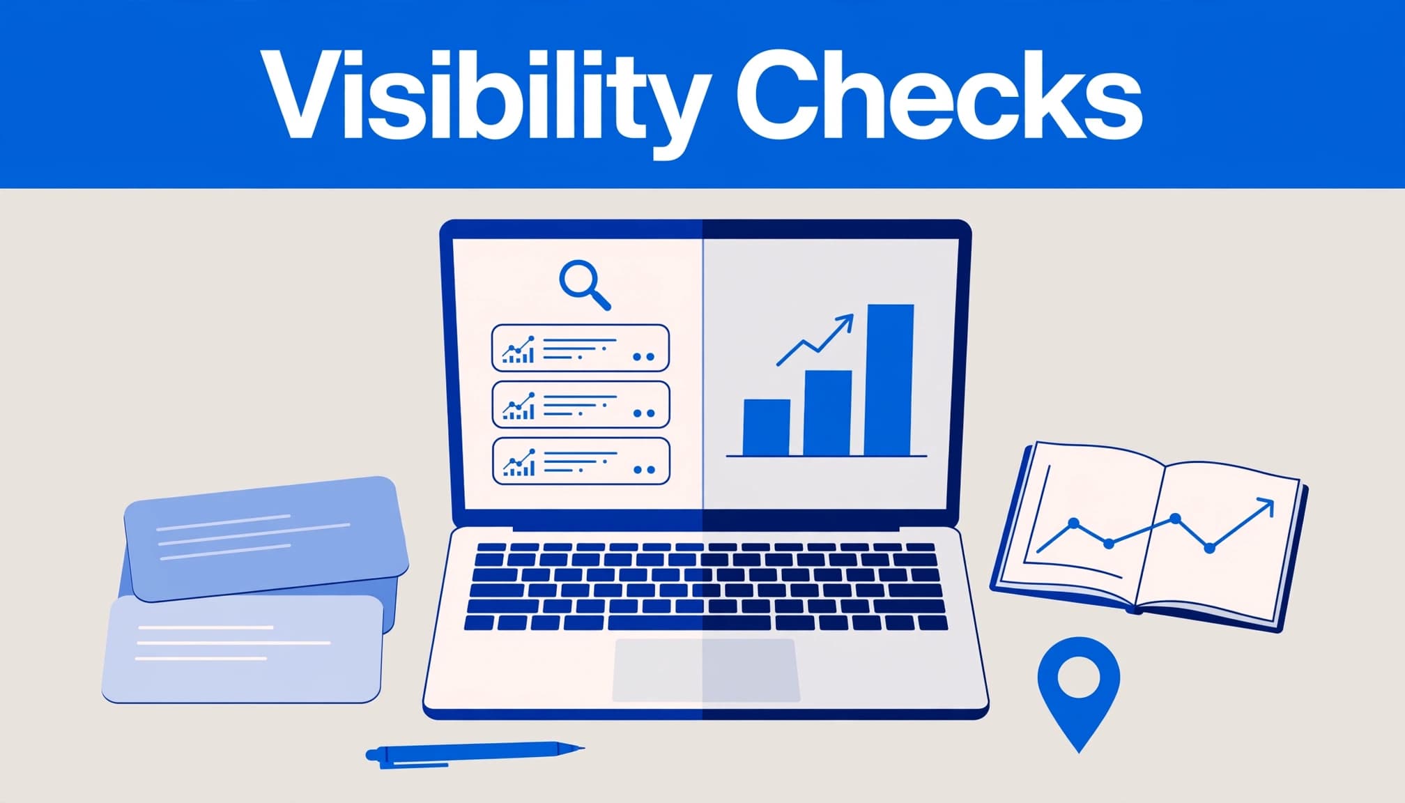 How Zero-Click Searches Work: How Marketers Can Measure Visibility In 2026 5 Laptop and notebook with search cards, traffic indicators, and a map pin.