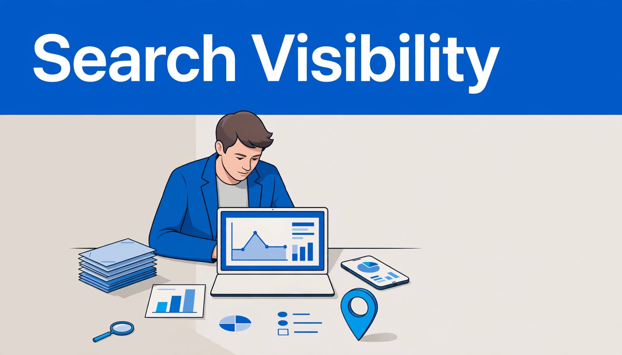 How Zero-Click Searches Work: How Marketers Can Measure Visibility In 2026 6 Marketer reviewing search signals beside a laptop, phone, map pin, and citation cards.