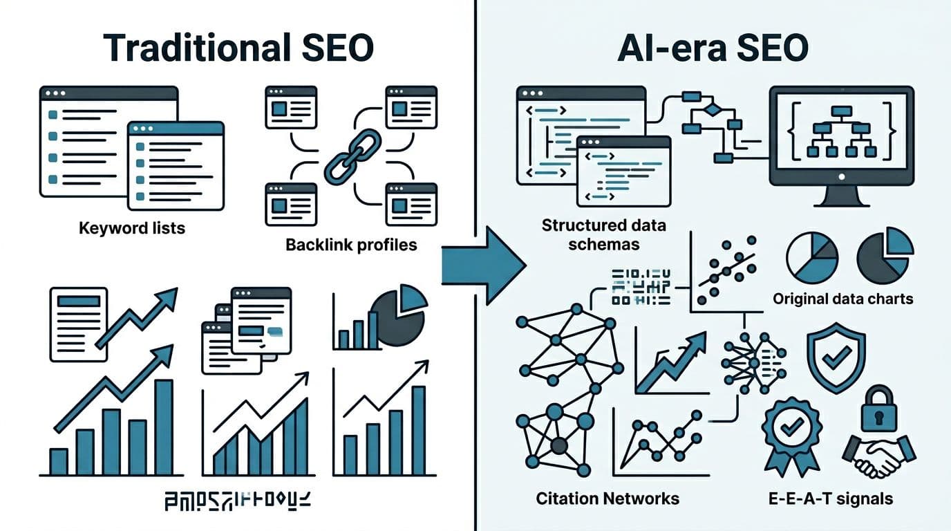 Clean, modern editorial illustration comparing Traditional SEO (keywords, backlinks, page rank) with AI-era SEO (structured data, E-E-A-T signals, citation networks) in a split composition with central adaptation arrow.