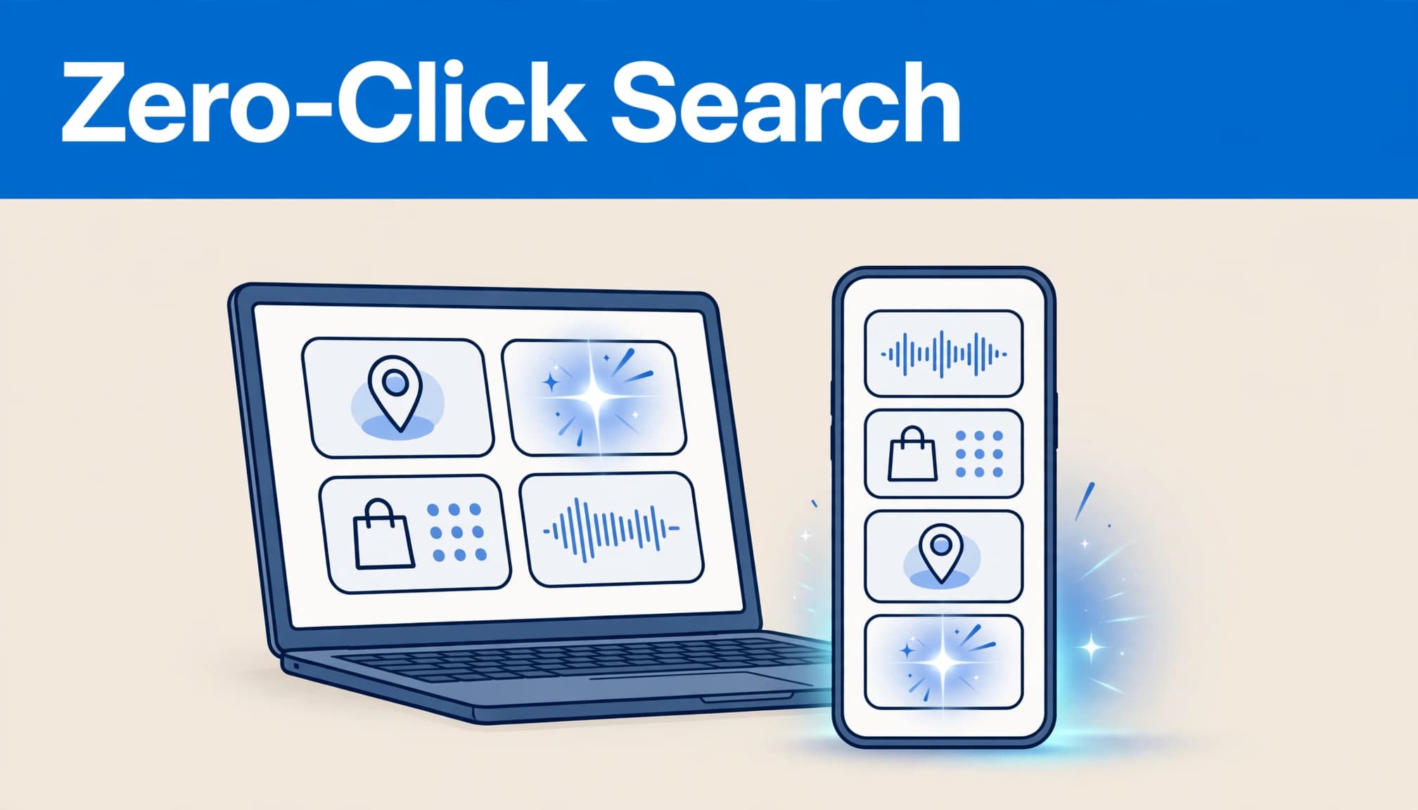 How Zero-Click Searches Work: How Marketers Can Measure Visibility In 2026 1 A smartphone and laptop display abstract search answer features beneath a blue headline band.