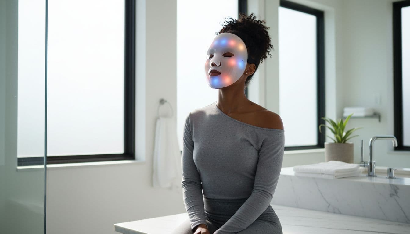 A diverse athlete in a bathroom post-gym wears a handheld LED light therapy mask on their face for skin recovery, in a relaxed pose with bright natural light and premium style.