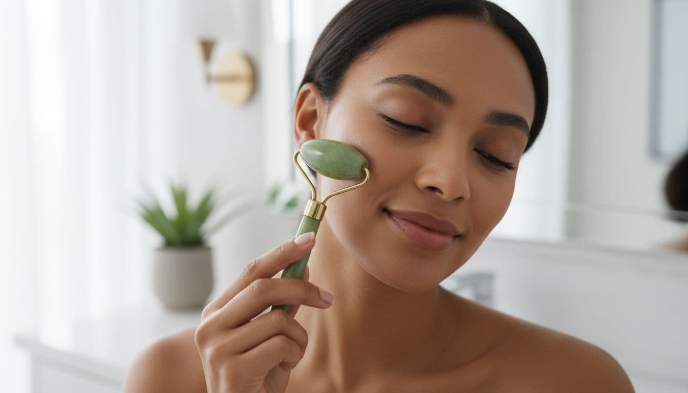 Close-up of a woman with warm medium skin tone gently using a jade face roller on her cheek and jawline in soft morning light, illustrating simple at-home depuffing for beginners.
