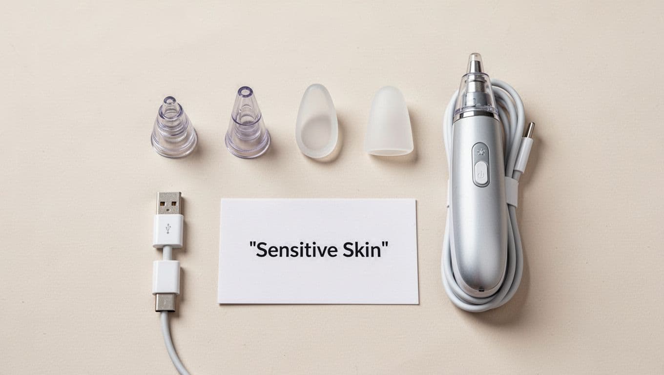 Flat-lay composition of small round tip, oval tip, and soft silicone tip for blackhead remover vacuum, alongside USB-C charging cable and 'Sensitive Skin' label on white soft-beige background in photorealistic clinical skincare style.