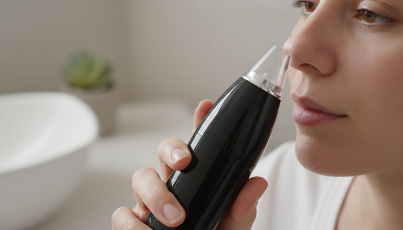 Close-up of a handheld blackhead vacuum device pressed lightly against clean skin on a person's nose, showing proper gentle use in a simple bathroom setting with soft lighting.