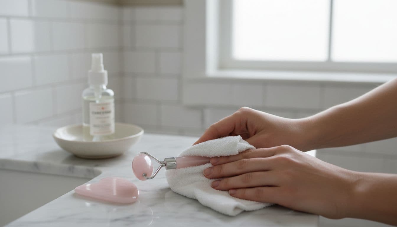 Close-up of hands gently wiping a facial roller and gua sha stone with a soft cloth on a vanity table in a bright bathroom, showcasing a professional, trustworthy cleaning method.