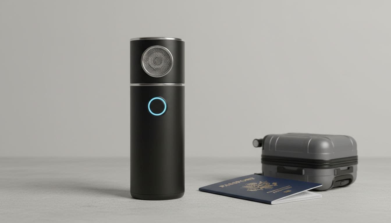 Compact black nano mist sprayer standing upright beside a carry-on bag and passport on a light gray surface, showcasing its portable size for travel under soft studio lighting.