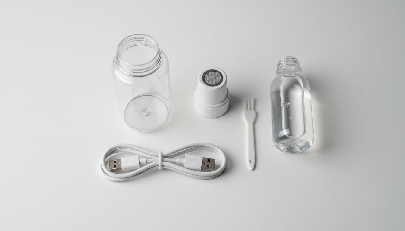 Nano mist sprayer disassembled parts on white table including reservoir bottle, nozzle head, USB cable, small brush, and distilled water bottle; soft overhead lighting, sharp focus, high realism.