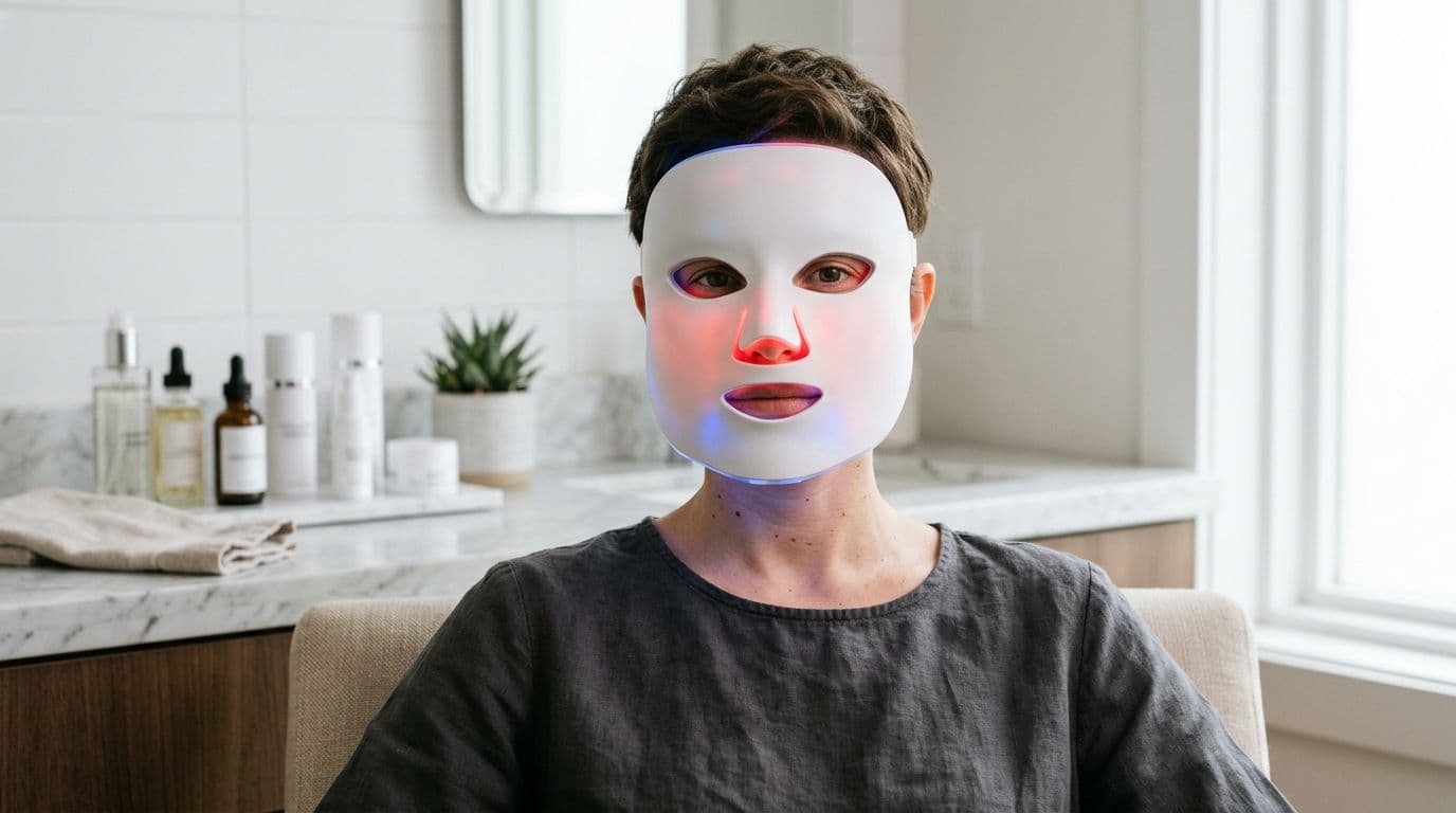 A diverse adult model in their mid-20s to mid-30s with gender-neutral presentation wears a modern FDA-cleared-style LED face mask emitting subtle red and blue light in a clean clinical bathroom or dermatology office background.