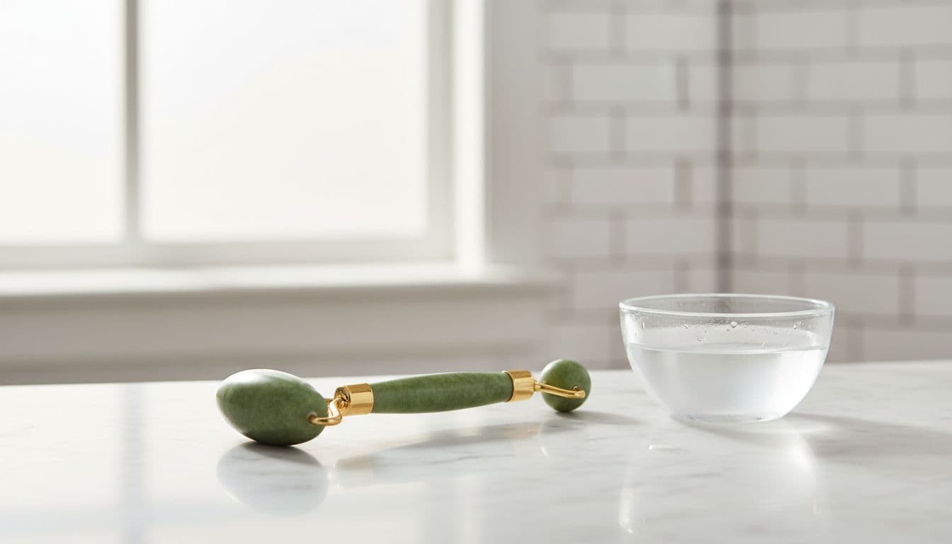 Dual-ended jade facial massage roller on a white marble surface next to a small bowl of water in a bright bathroom, soft morning light, realistic product photography.