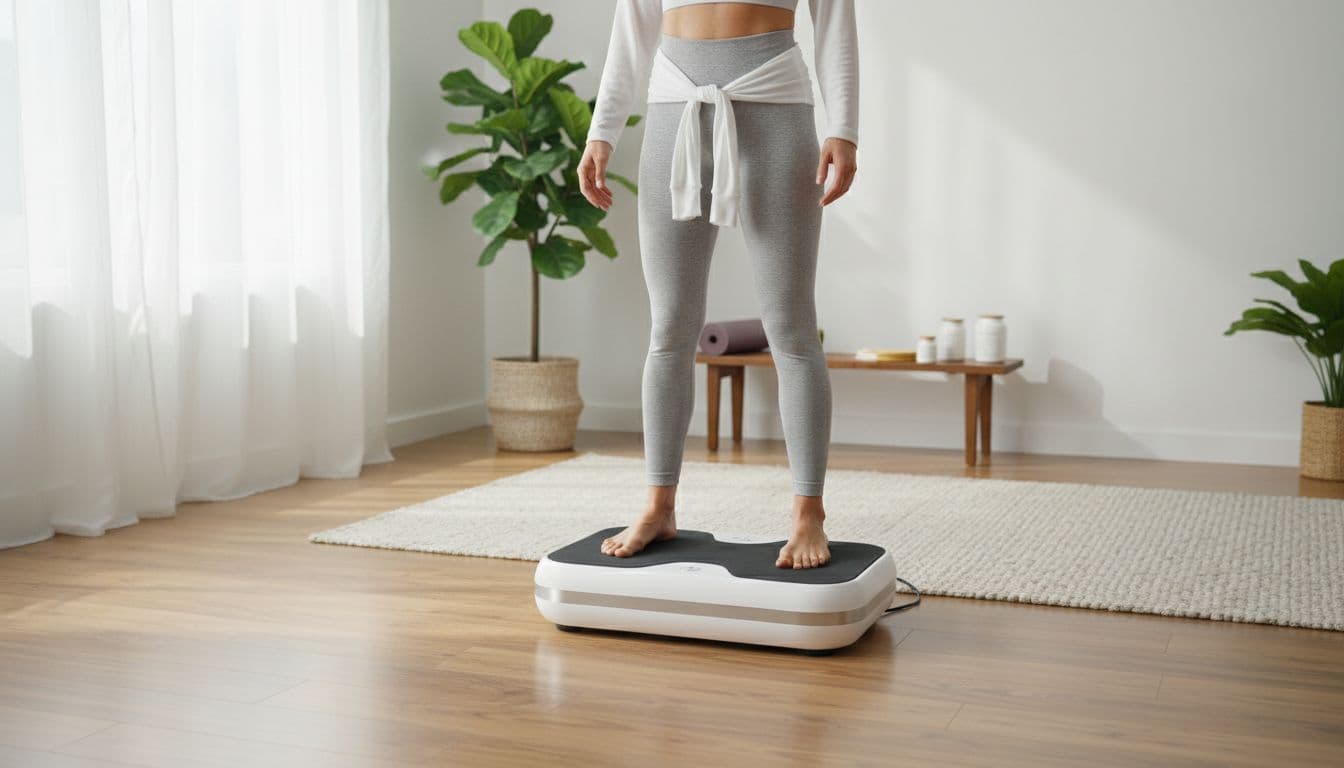 Fit woman in comfortable activewear stands relaxed on a compact modern vibration plate in a bright home wellness room with soft natural lighting and premium aesthetic.