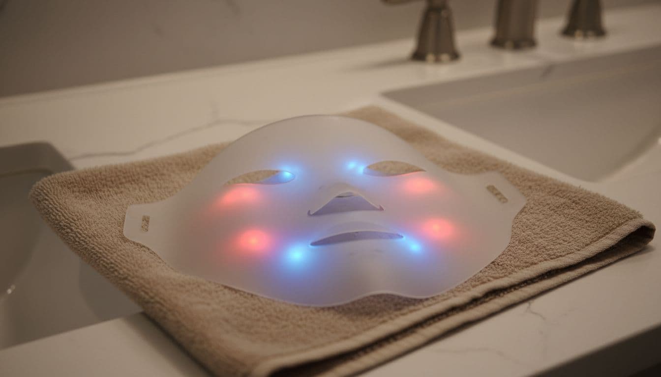 Flexible LED light therapy mask laid flat on a neutral beige towel in a modern bathroom vanity, close-up view with subtle red and blue LED glow, soft neutral tones for sensitive-skin-friendly aesthetic.