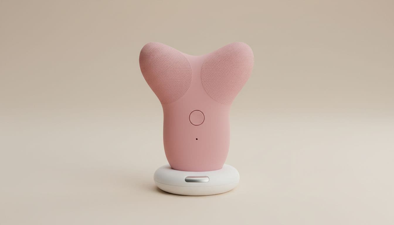 Clean studio product shot of FOREO IRIS silicone eye massager and charging stand on neutral beige background, featuring bright even lighting and detailed texture.