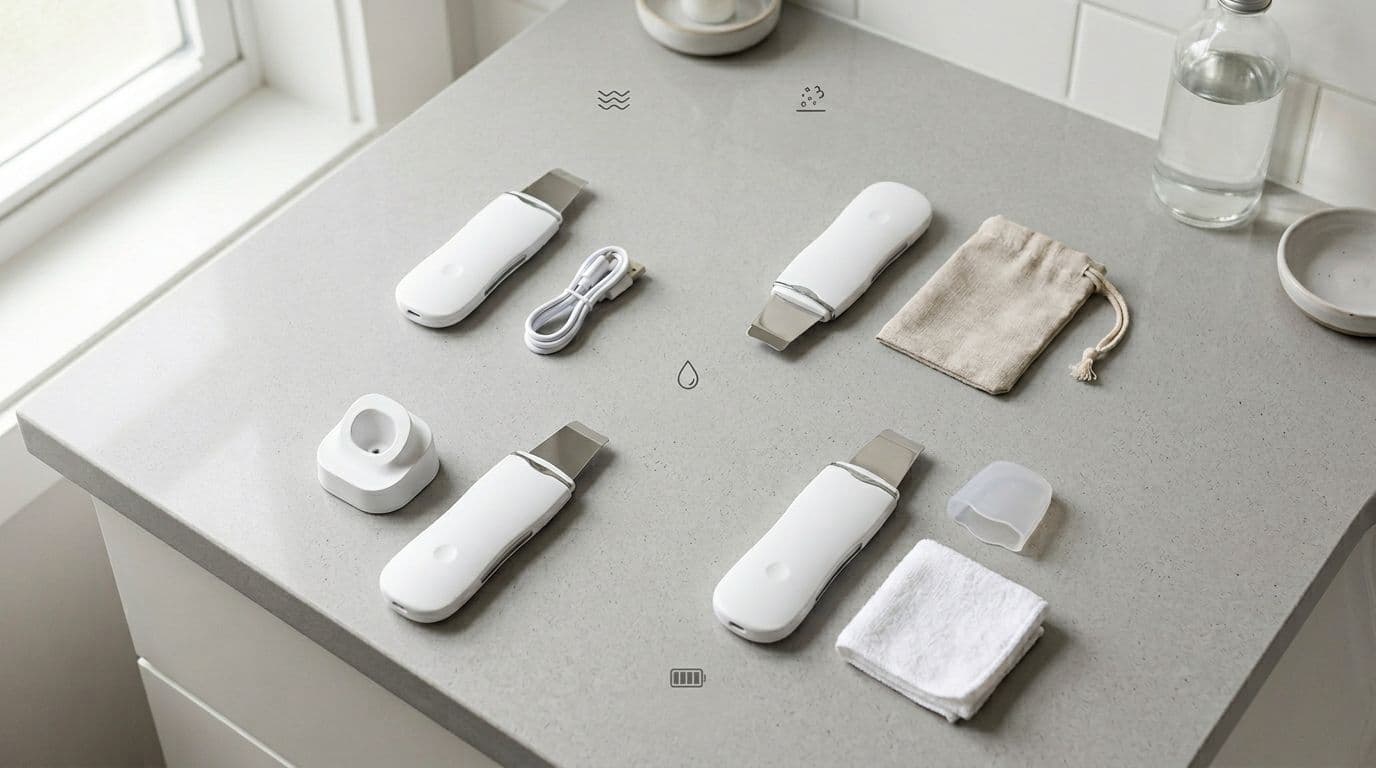 Photorealistic flat-lay of four unbranded ultrasonic skin scrubbers with USB cable, charging stand, silicone cap, and travel pouch on a light gray surface in a clean clinical bathroom. Simple non-branded icon overlays indicate modes, water resistance, and battery life amid soft diffused lighting and neutral colors.