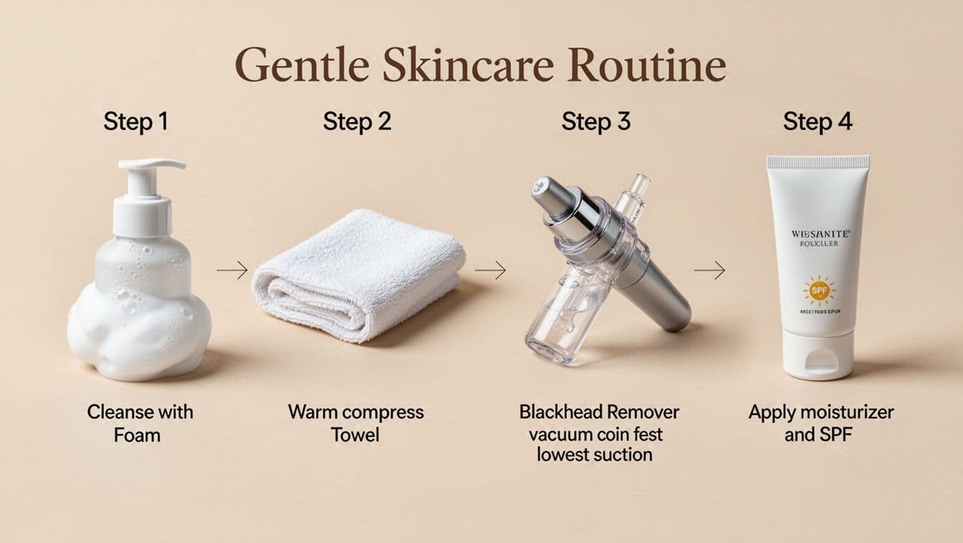 Photorealistic infographic-style sequence of a gentle skincare routine for sensitive skin: cleanse with foam, warm compress, low-suction blackhead vacuum, and moisturizer with SPF, arranged as icons on a soft beige background.