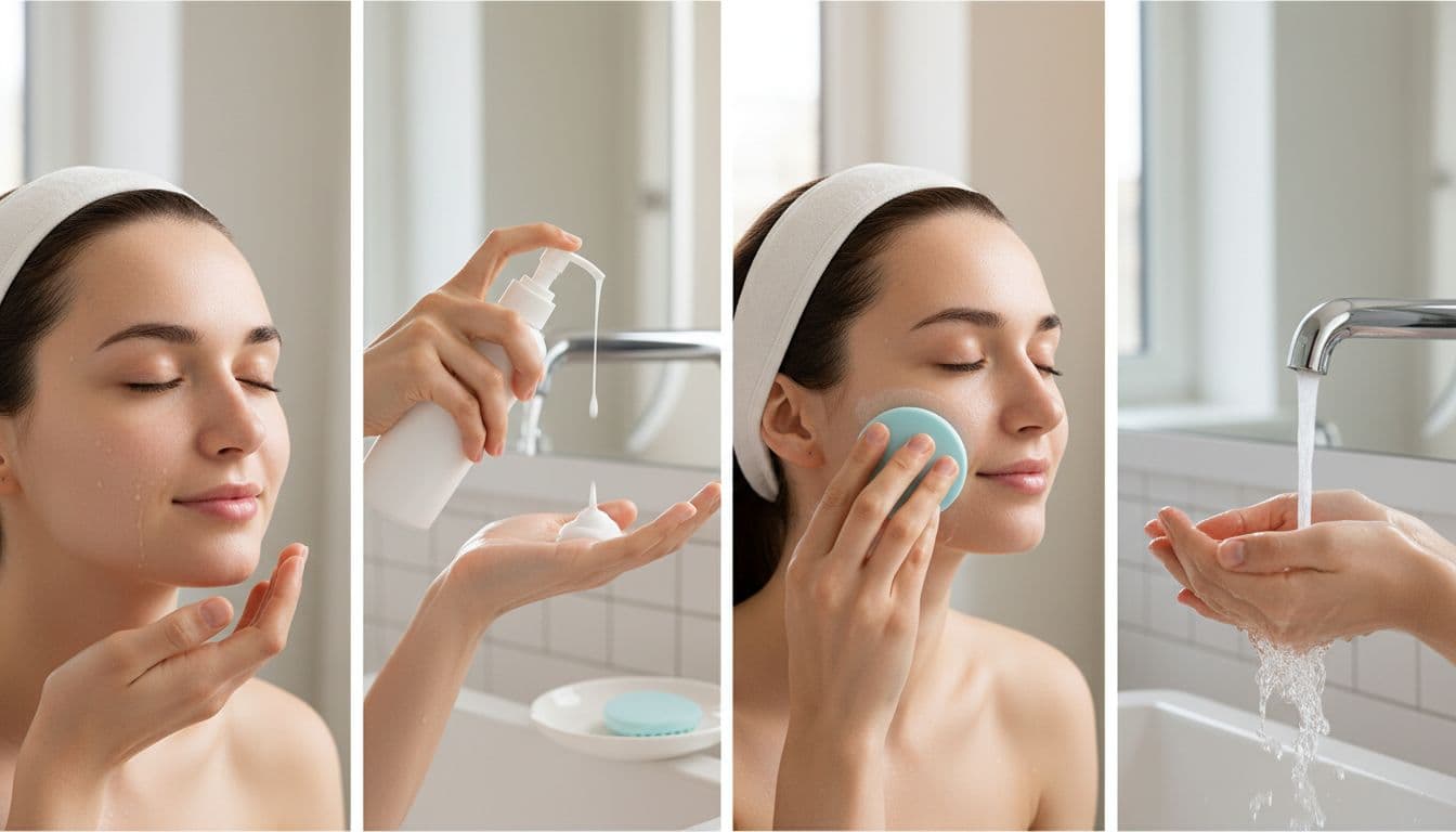 Horizontal collage of four sequential steps for a gentle silicone facial cleansing routine on sensitive skin, featuring wetting the face, applying foamy cleanser, light circular brushing, and rinsing.