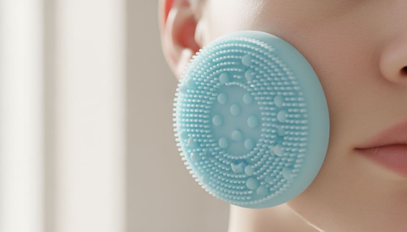 Close-up of a soft silicone facial cleansing brush head featuring fine flexible nubs gently touching smooth sensitive skin on a cheek, in natural daylight lighting with a clean minimal background.