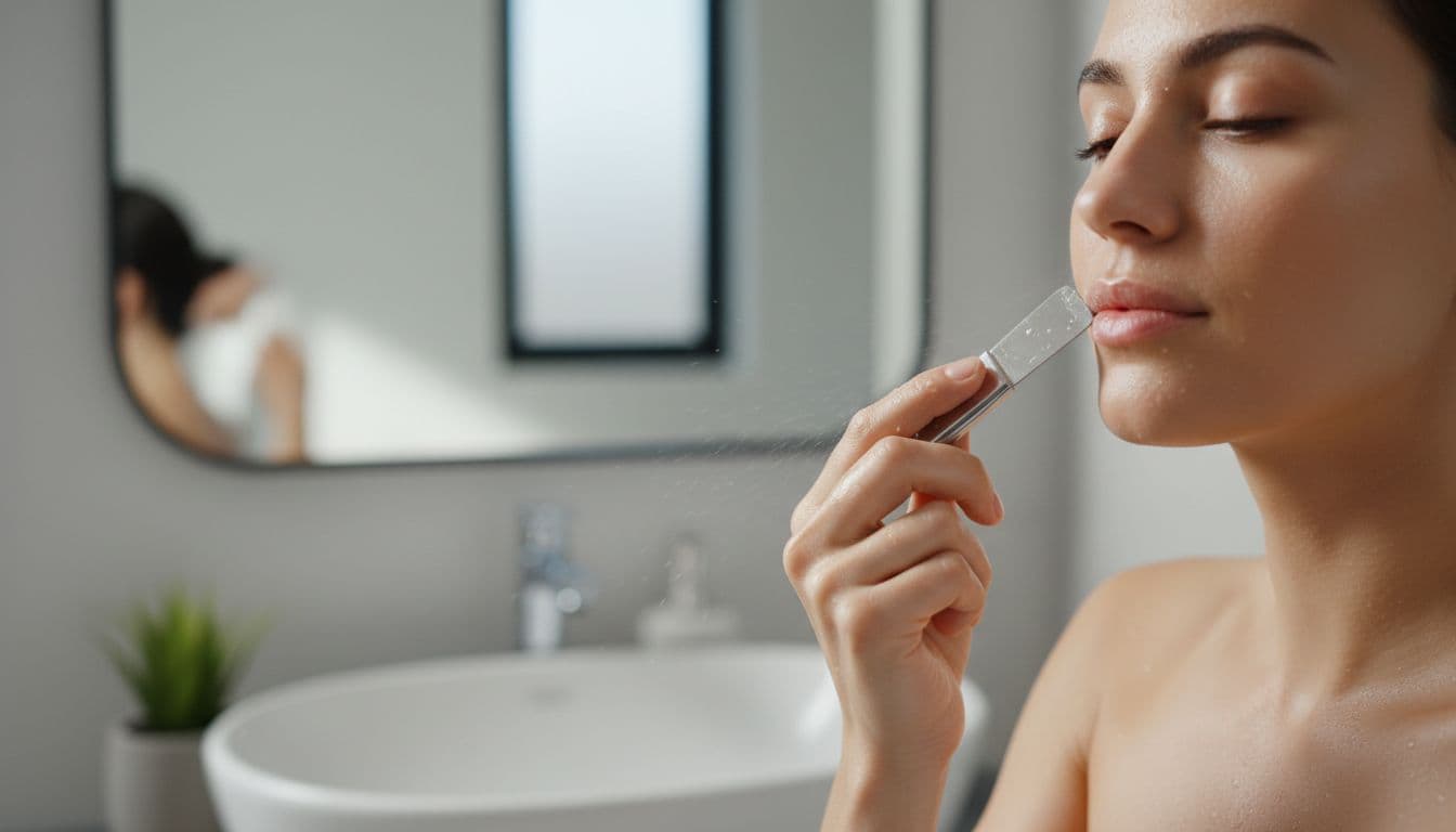 A woman with clean wet skin gently glides an ultrasonic skin scrubber along her cheek using light touch and minimal pressure in a simple bathroom setting with soft natural daylight.