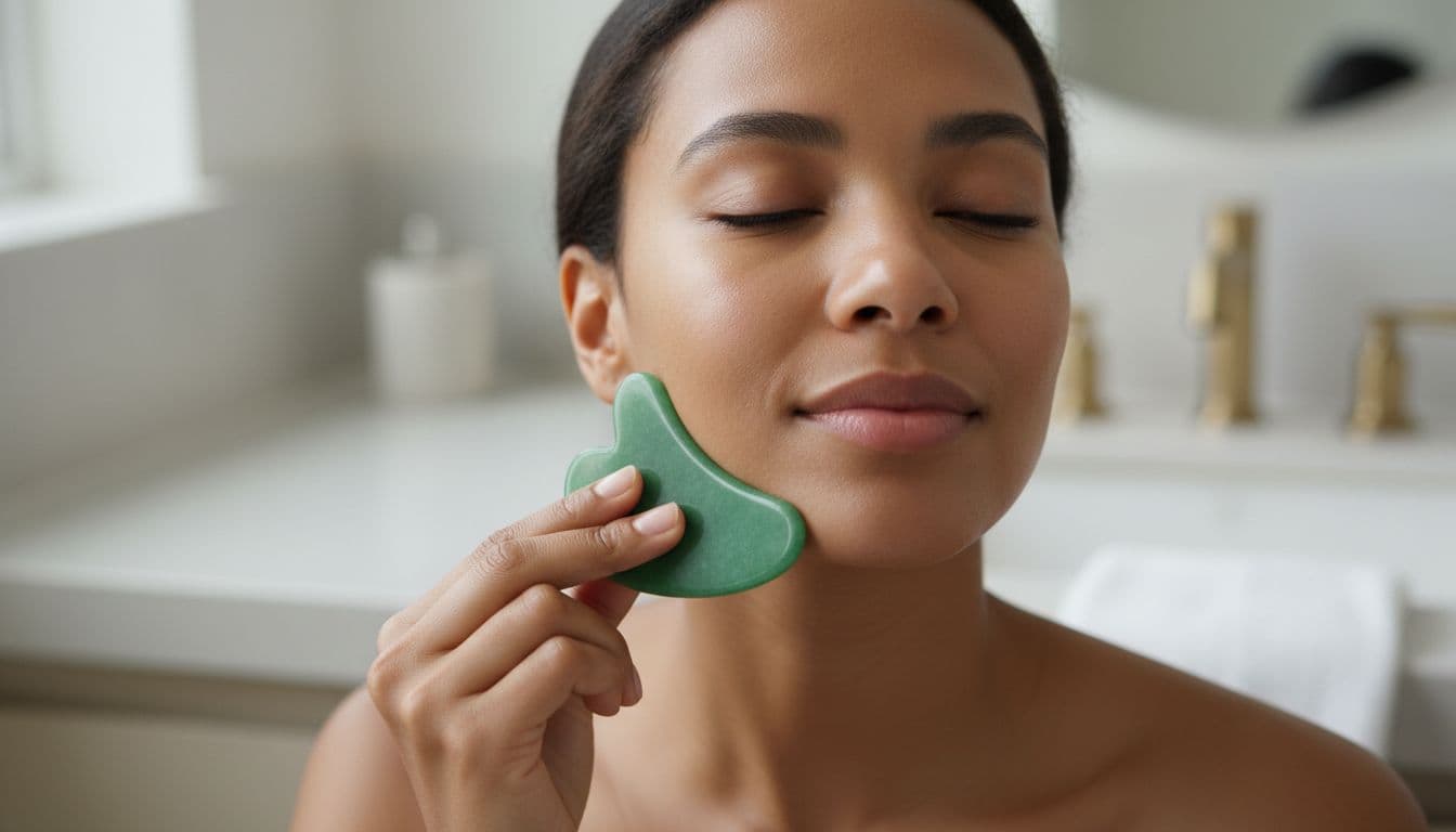 A woman with medium brown skin tone gently glides a smooth jade gua sha tool along her jawline and cheek in a modern bathroom with soft natural lighting, demonstrating safe facial lymphatic drainage.