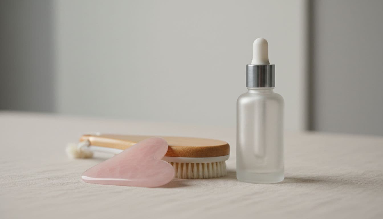 Gentle gua sha stone and lymphatic brush tools beside hydrating serum bottle on soft neutral surface, professional editorial skincare imagery for dehydrated skin.