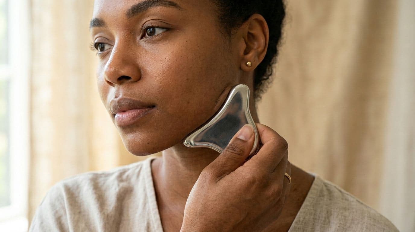 Close-up of a diverse woman's hand holding a stainless steel gua sha tool at a 15-30 degree angle, gliding along the jawline and cheek area, featuring natural makeup, realistic skin texture with subtle puffiness, in a photorealistic skincare demonstration with soft diffused lighting and warm beige background.