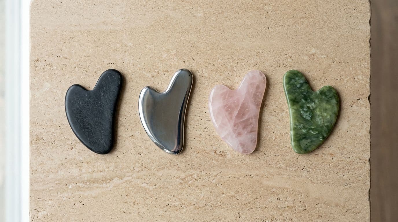 Flat lay composition of four gua sha tools made from jade, rose quartz, stainless steel, and bian stone, arranged neatly on a warm beige stone surface. Photorealistic product photography with clean luxury aesthetic, soft diffused studio lighting, and high-resolution crisp focus on textures.