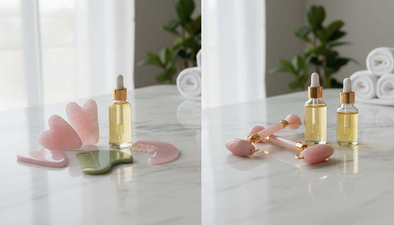 Side-by-side comparison of gua sha tool and face roller on a white marble surface next to a facial oil bottle, in a clean minimalist spa aesthetic with soft natural light and realistic materials.